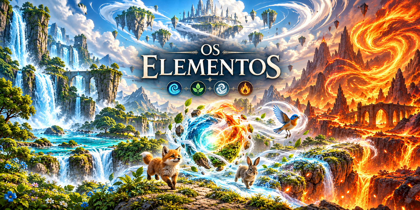 Os Elementos: um orbe, uma raposa, um coelho e um pássaro em um mundo de água, terra, ar e fogo.